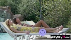 Naked Czech lesbian MILF Anetta Keys and teen GF Emily Rise taking sunbath
