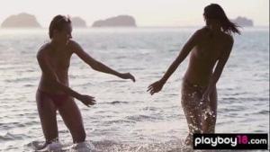 Petite lesbian asian teen Cara Pin and naked Czech GF watching the sunset