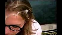 Guy cums on nerdy girl’s glasses