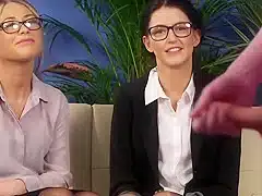 Two cute girls watch guy squirt his load