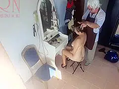 Camera In Nude Barbershop. Hairdresser Makes Undress Lady Ho Cut Her Hair. Barber, Nudism. Cam 21