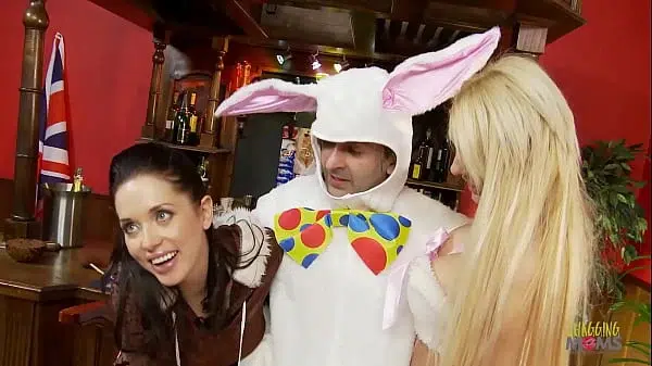 Stacey Saran is having threesome sex with a guy in a bunny costume