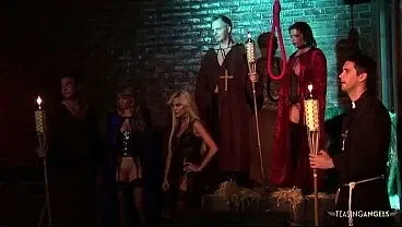 The blonde and brunette milfs with fake boobs have group sex in the creepy basement