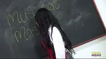 Brunette milf tutor reveals her big boobs and orders her girl to take her in doggy style