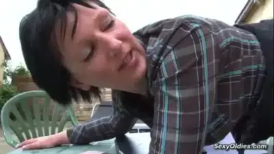 Mathieu binds over table sexy brunette French housewife Lucie Luke and lifts up her skirt then pounds her pussy next he anal fucks her on sunbed