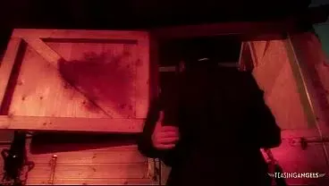 Naughty brunette milf with big boobs lifts her leg on the haystack for doggy style