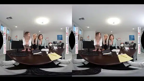 Your dillydallying in the office when your sexy, busty coworkers Bridgette B., Karma Rx, and Krissy Lynn storm in for your hard cock