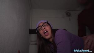 Public Agent Brunette in glasses deepthroating a cucumber and a big dick
