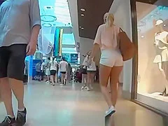 Blonde girl in tight white shorts nice ass