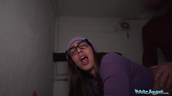 Public Agent Brunette in glasses deepthroating a cucumber and a big dick