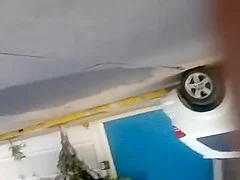 Woman in tight blue sports pants big cameltoe