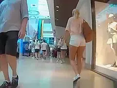 Blonde girl in tight white shorts nice ass