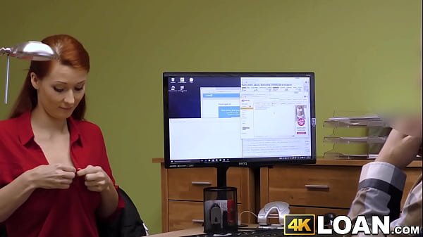 Redhead with giant juggs won’t leave until she gets money by fucking an agent and having her ass fingered.