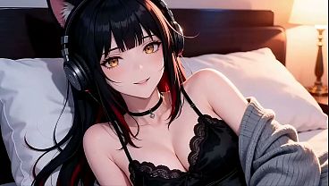 A sexy girl with black and red hair, performing an extremely difficult pose. You must come and have a look! AI-generated