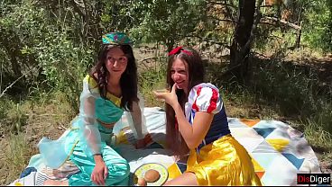 Cute Princesses Jasmine and Snow White Get Fucked by Rough Guys in a Fairy-Tale Forest