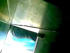 Dude with a toilet is filming a bitch pee