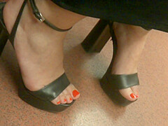 Hot Brunette, Sexy Feet In High Heels Sandals