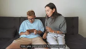 While my girlfriend is gone I pound her redhead mom on the bed