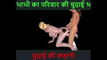 Cartoon 3d sex video of two beautiful girls having sex using strapon and foreplay like kissing and rubbing pussy in standing position with Hindi sex story