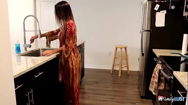 Dave Foxx is going to get fucked hard if she doesn’t cover up instead she wears a night gown in the kitchen her tits poke out and this turns on her man.