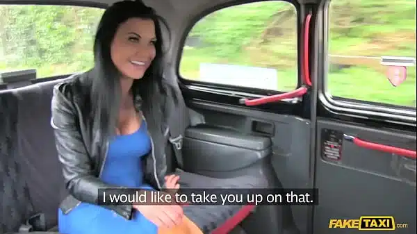 FakeTaxi – the infamous Sexy busty brunette in the blue dress horny for sex outdoors with a strangers hard dick – starring Jasmine Jae
