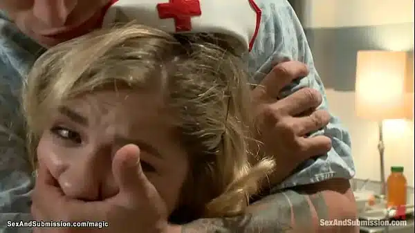 Handcuffed arrested man Mr Pete tricks and ties sexy naive blond nurse Lia Lor then rough fucks her in bed in the hospital