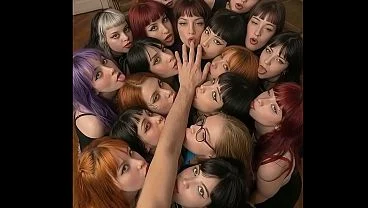 Harem with 18 women licking a man’s fingers, hand and arm