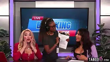 Trans news anchors fuck female producer during a live broadcast