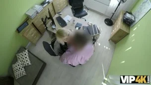 VIP4K. Magnificent lass swallows cock and gets banged in office